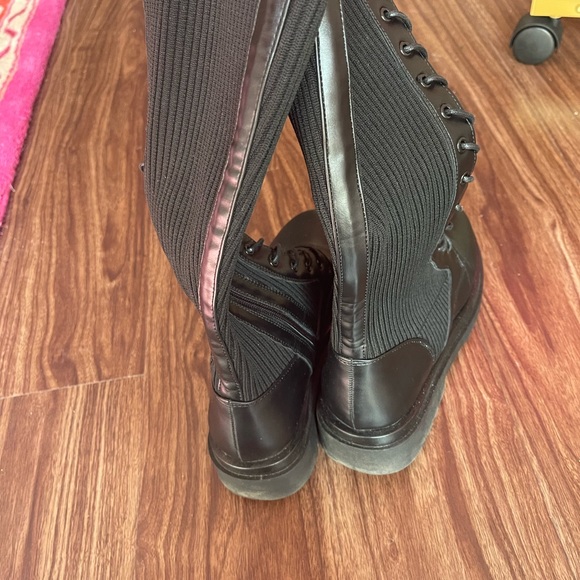 Black Pu Contrast Knitted Lace Up Knee Chunky Boots - Picture 7 of 11